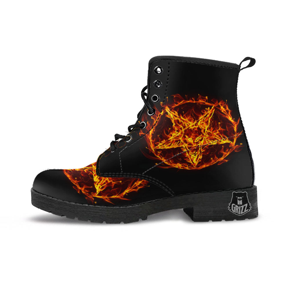Pentagram Satanic Flame Print Leather Boots-grizzshop