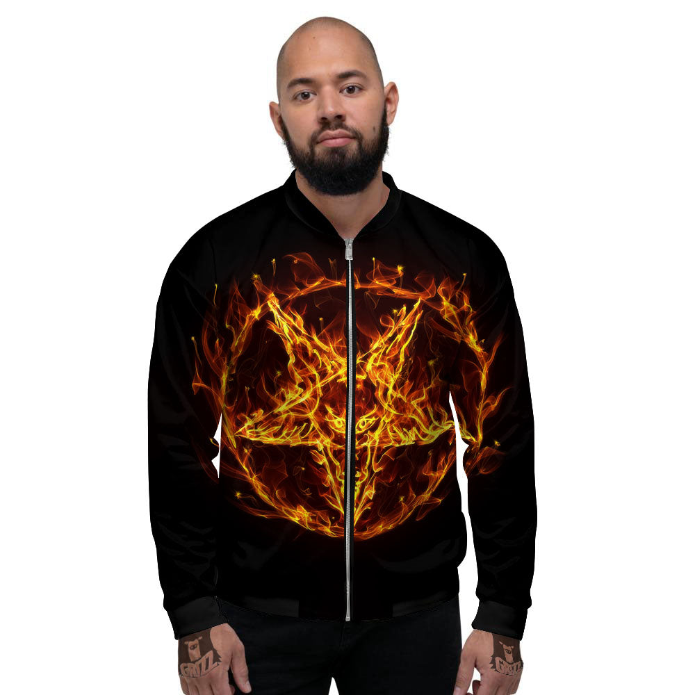 Pentagram Satanic Flame Print Men's Bomber Jacket-grizzshop