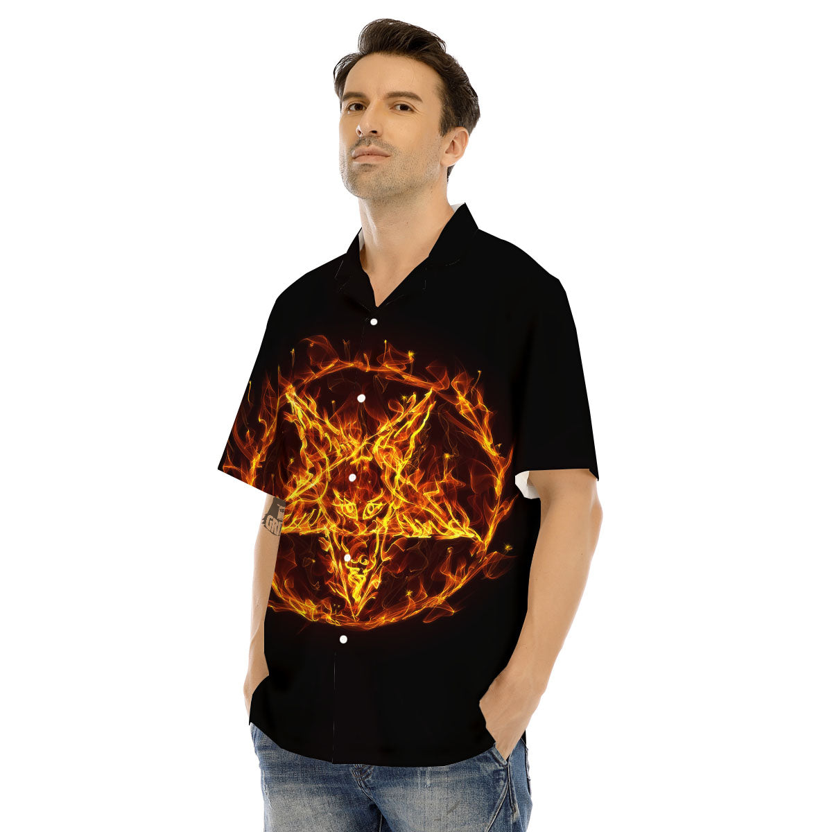 Pentagram Satanic Flame Print Men's Hawaiian Shirt-grizzshop