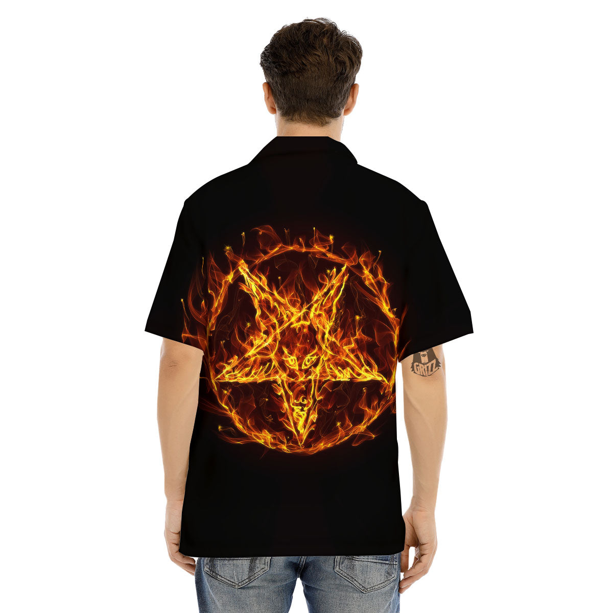 Pentagram Satanic Flame Print Men's Hawaiian Shirt-grizzshop