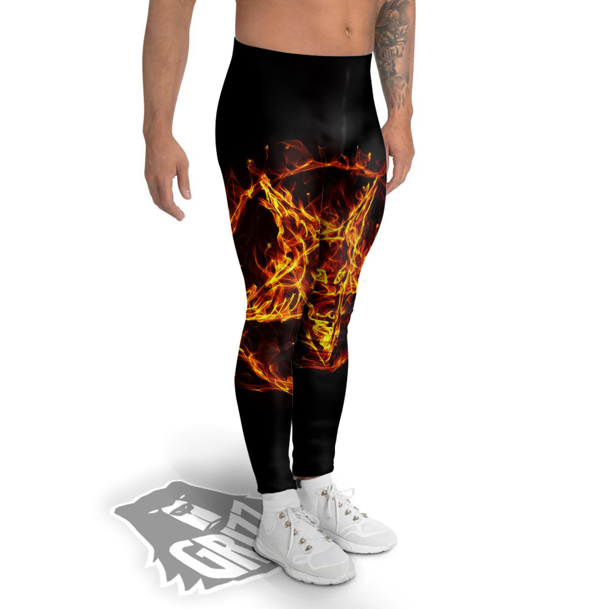 Pentagram Satanic Flame Print Men's Leggings-grizzshop