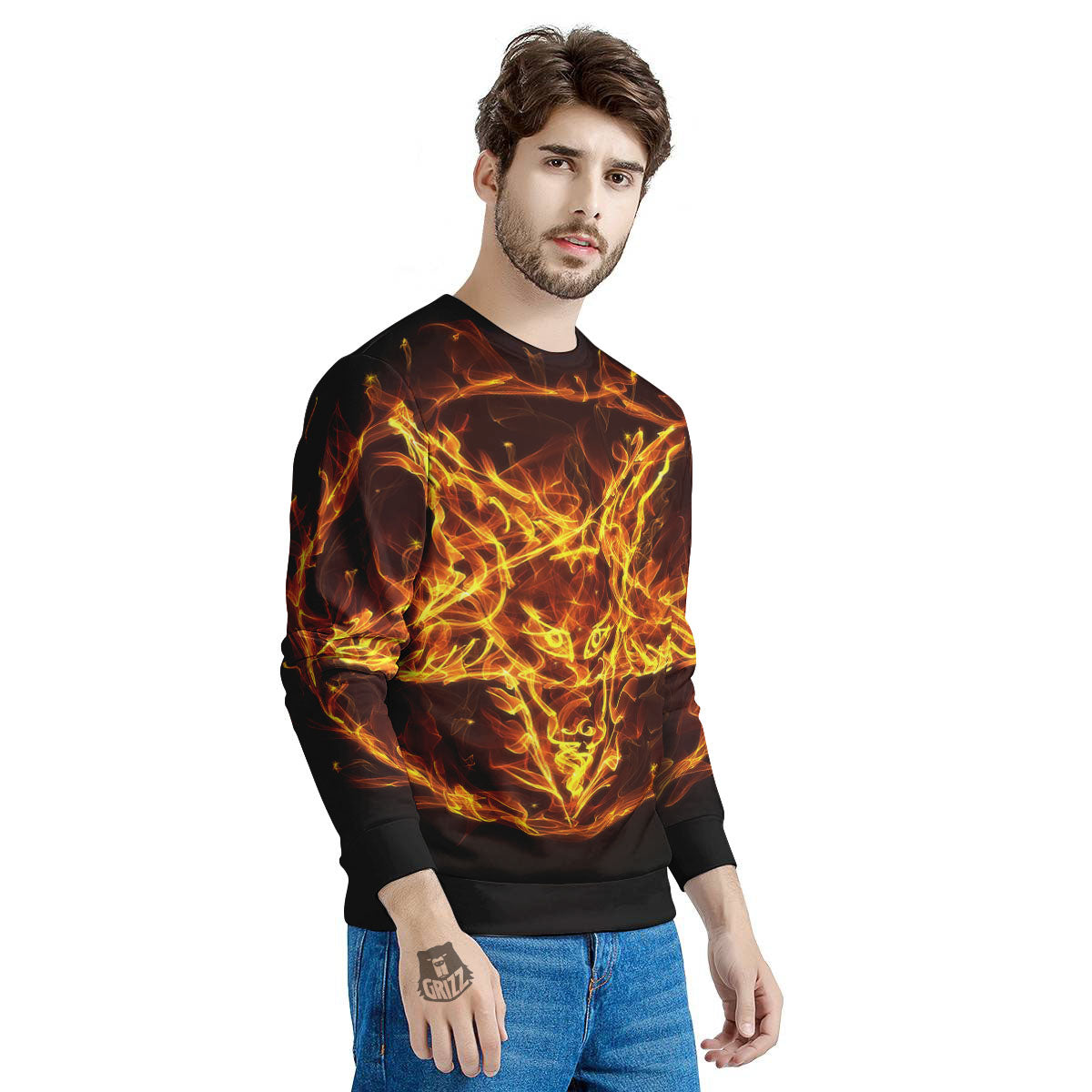 Pentagram Satanic Flame Print Men's Sweatshirt-grizzshop
