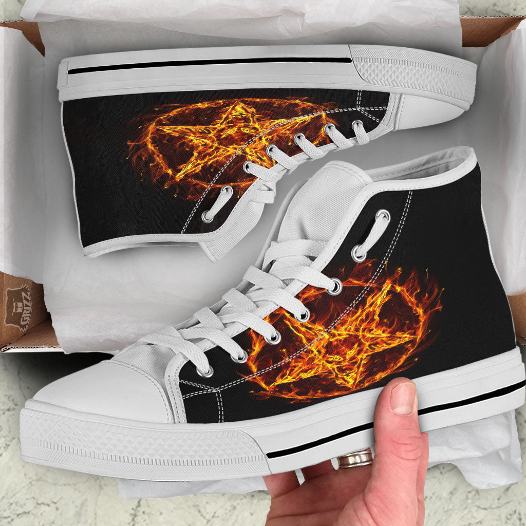 Pentagram Satanic Flame Print White High Top Shoes-grizzshop