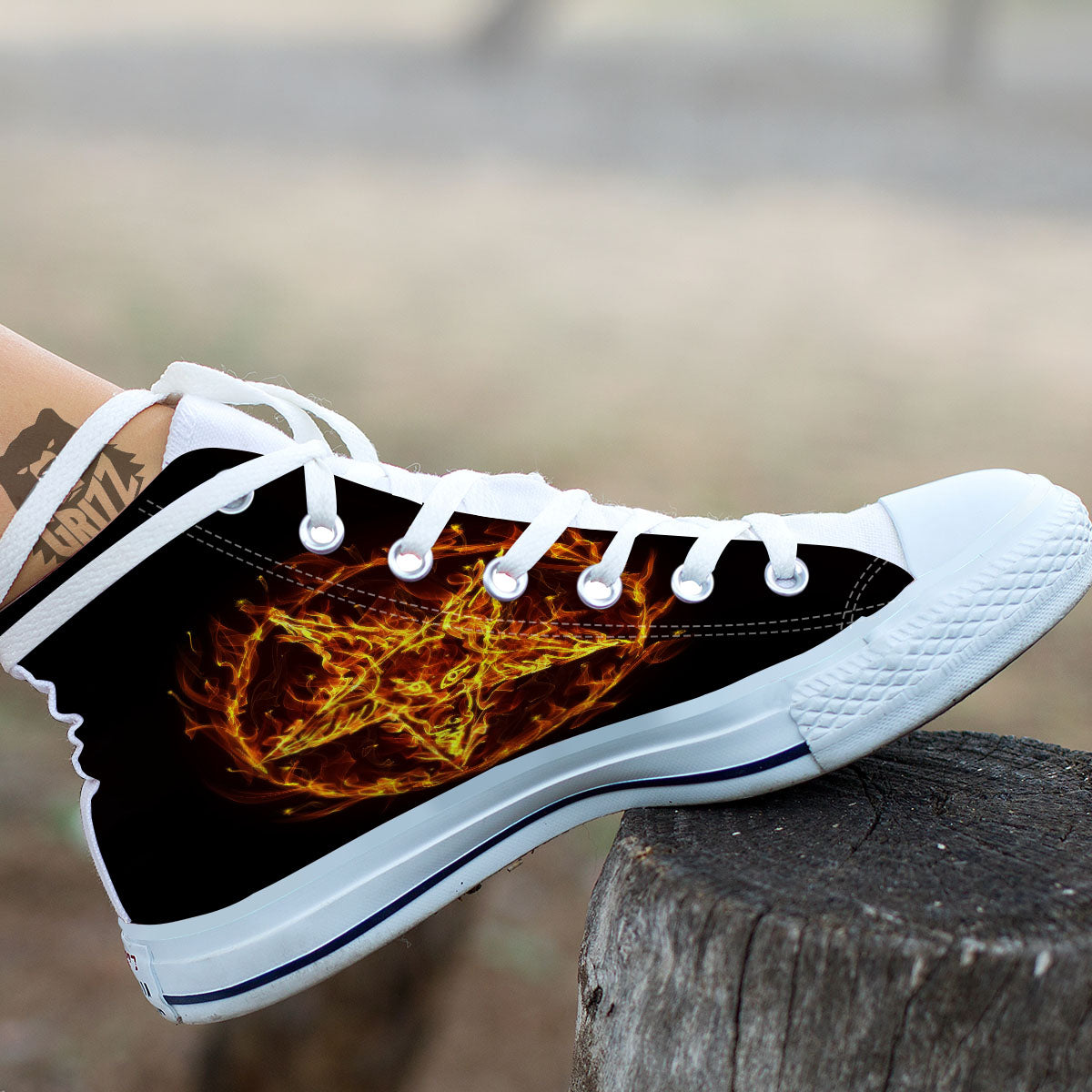 Pentagram Satanic Flame Print White High Top Shoes-grizzshop