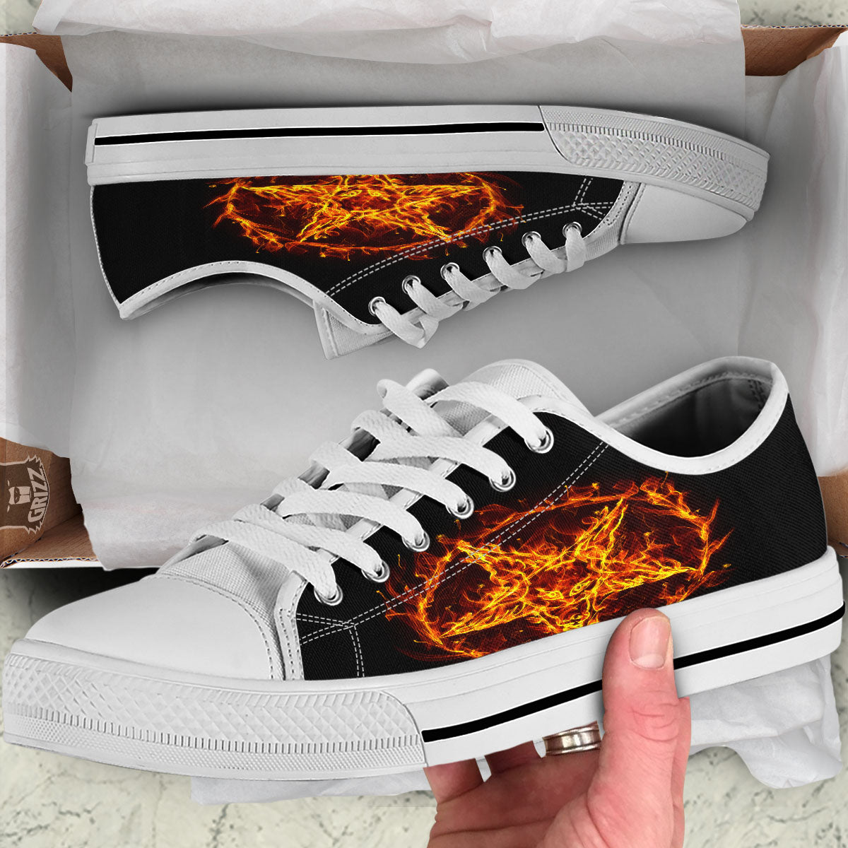Pentagram Satanic Flame Print White Low Top Shoes-grizzshop