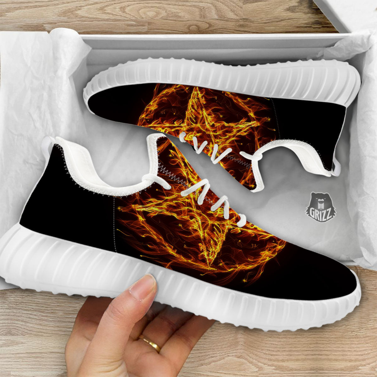 Pentagram Satanic Flame Print White Walking Shoes-grizzshop
