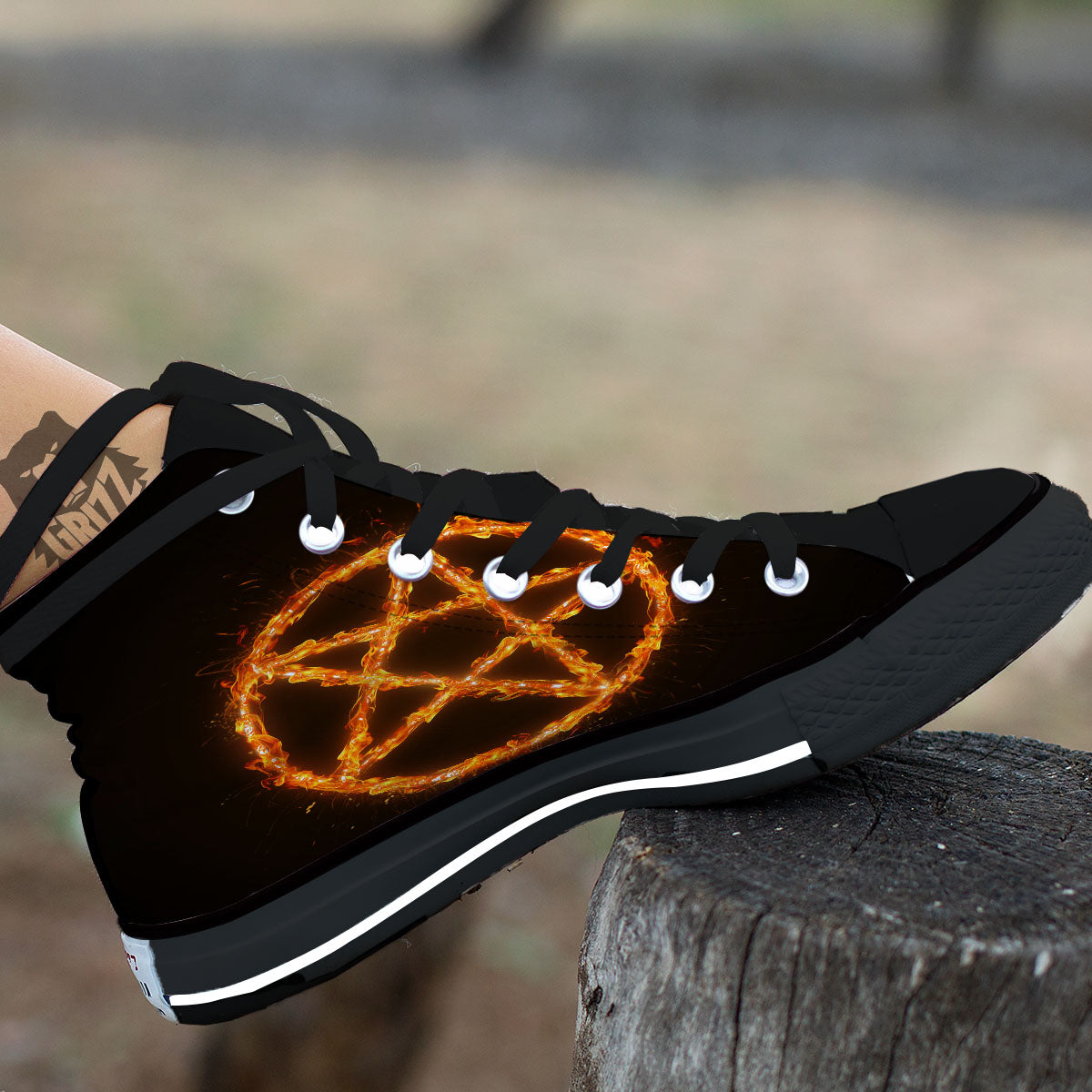 Pentagram Symbol Flaming Print Black High Top Shoes-grizzshop