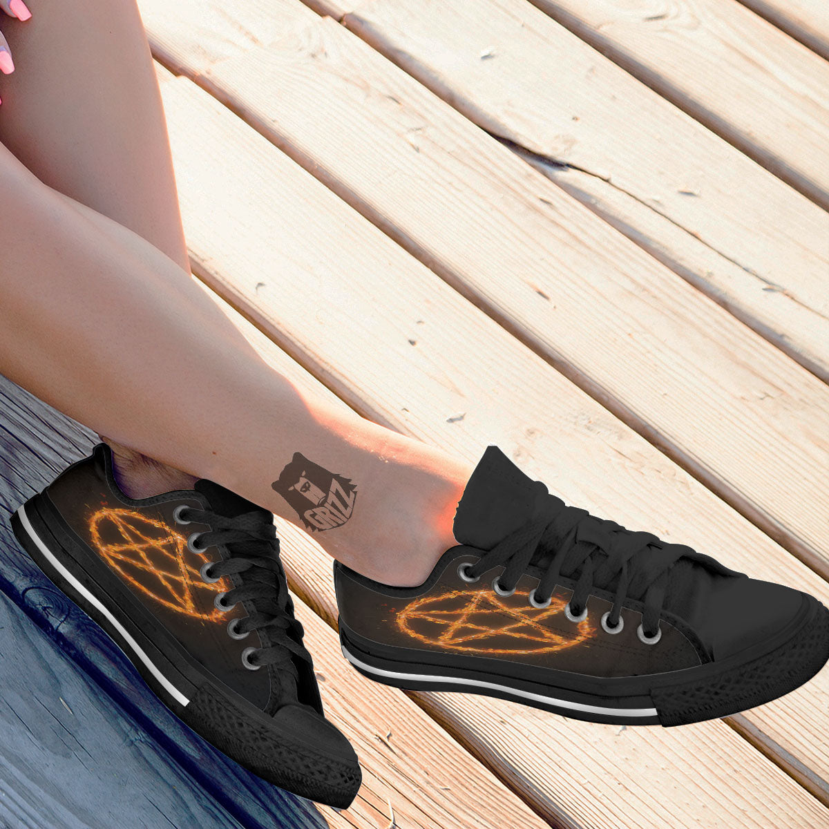 Pentagram Symbol Flaming Print Black Low Top Shoes-grizzshop