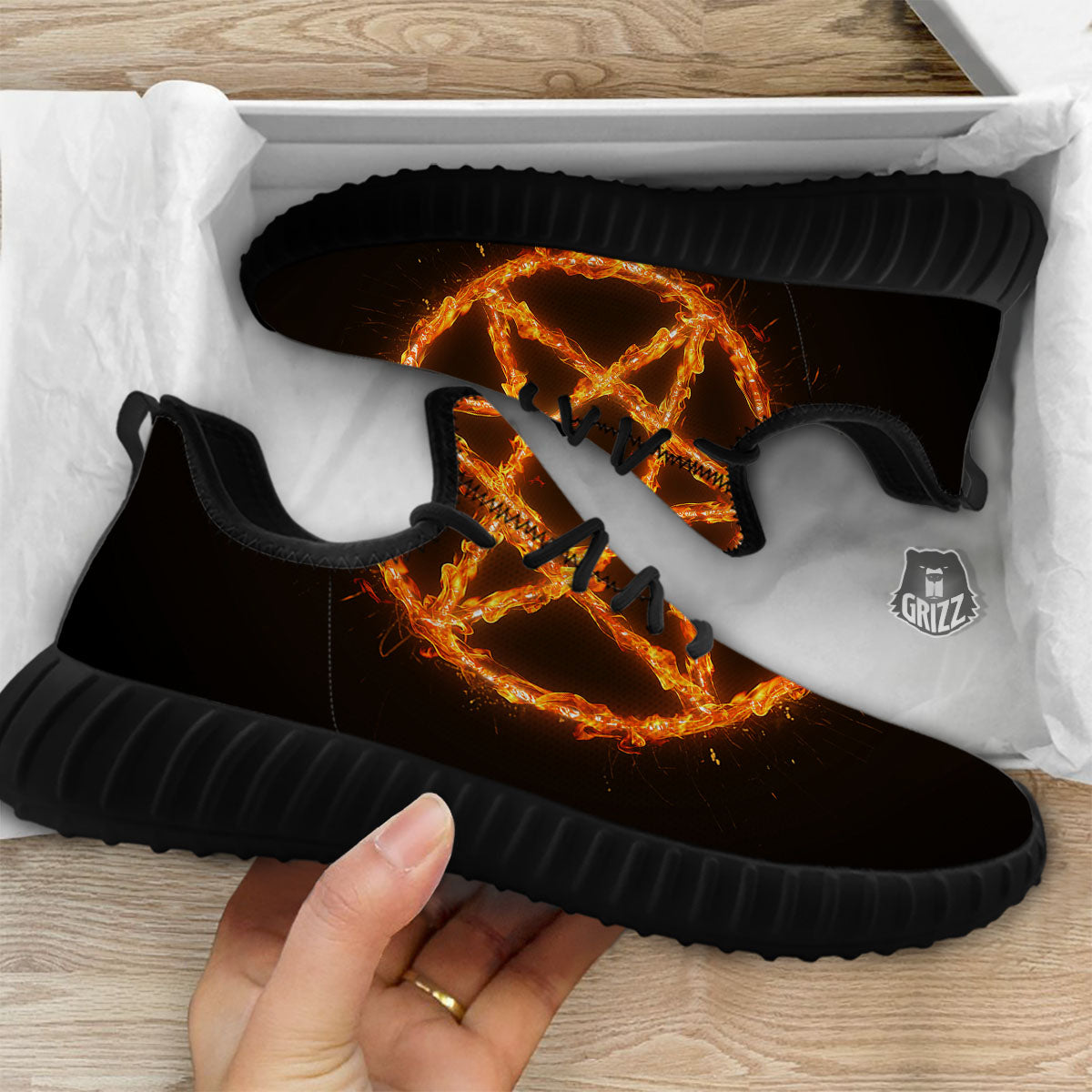 Pentagram Symbol Flaming Print Black Walking Shoes-grizzshop