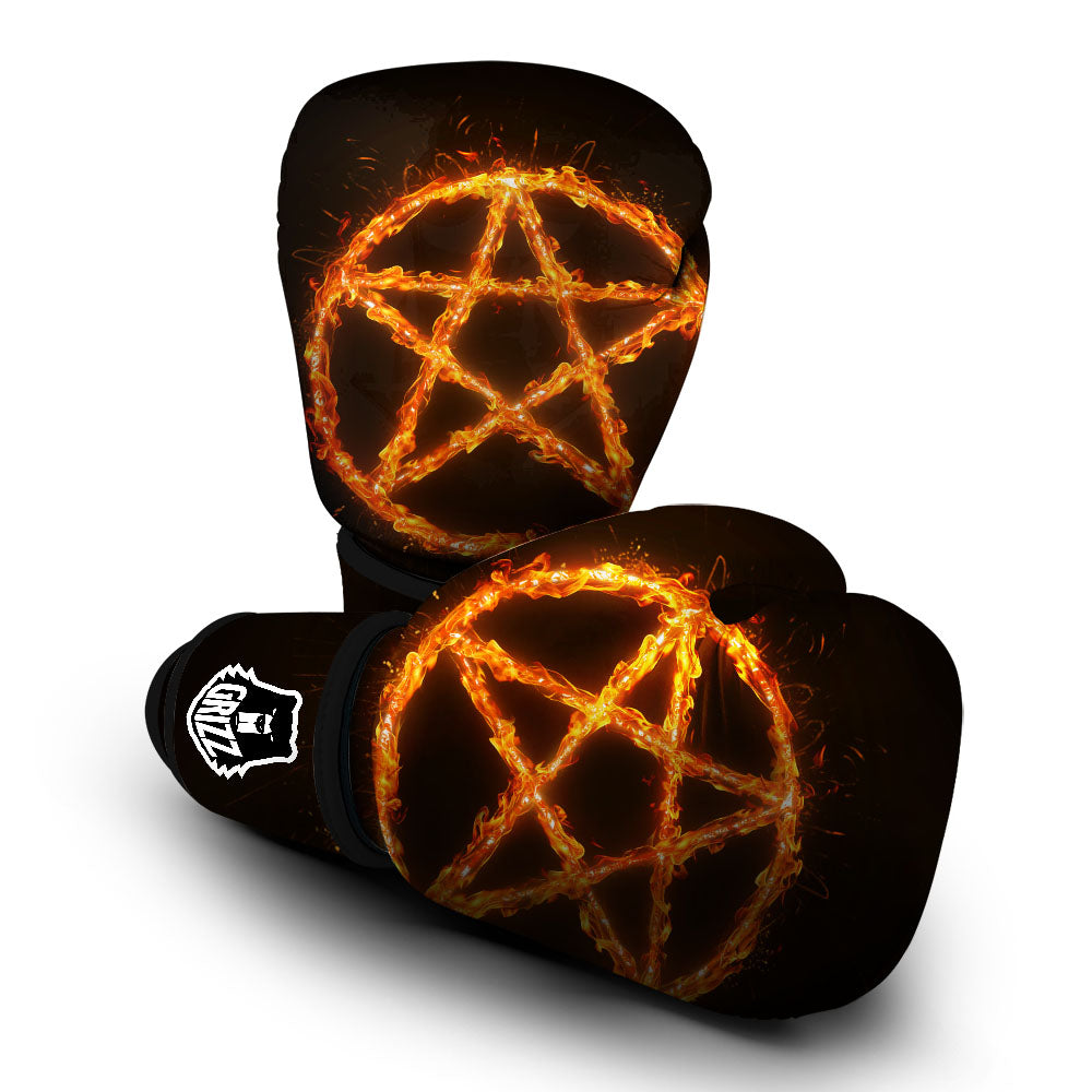 Pentagram Symbol Flaming Print Boxing Gloves-grizzshop