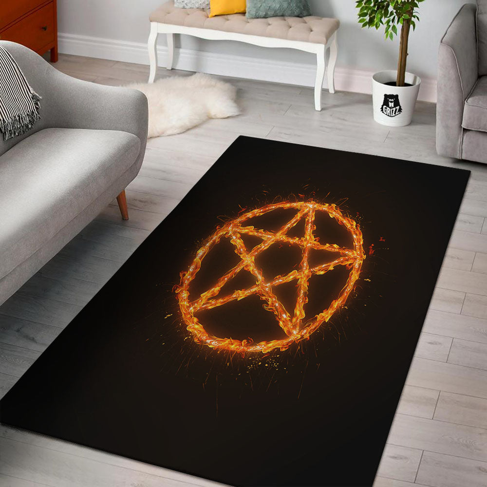 Pentagram Symbol Flaming Print Floor Mat-grizzshop