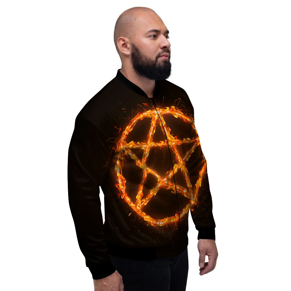 Pentagram Symbol Flaming Print Men's Bomber Jacket-grizzshop