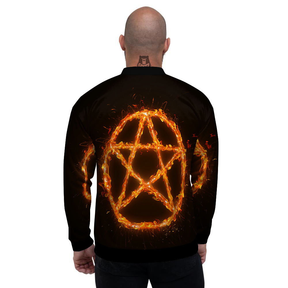 Pentagram Symbol Flaming Print Men's Bomber Jacket-grizzshop