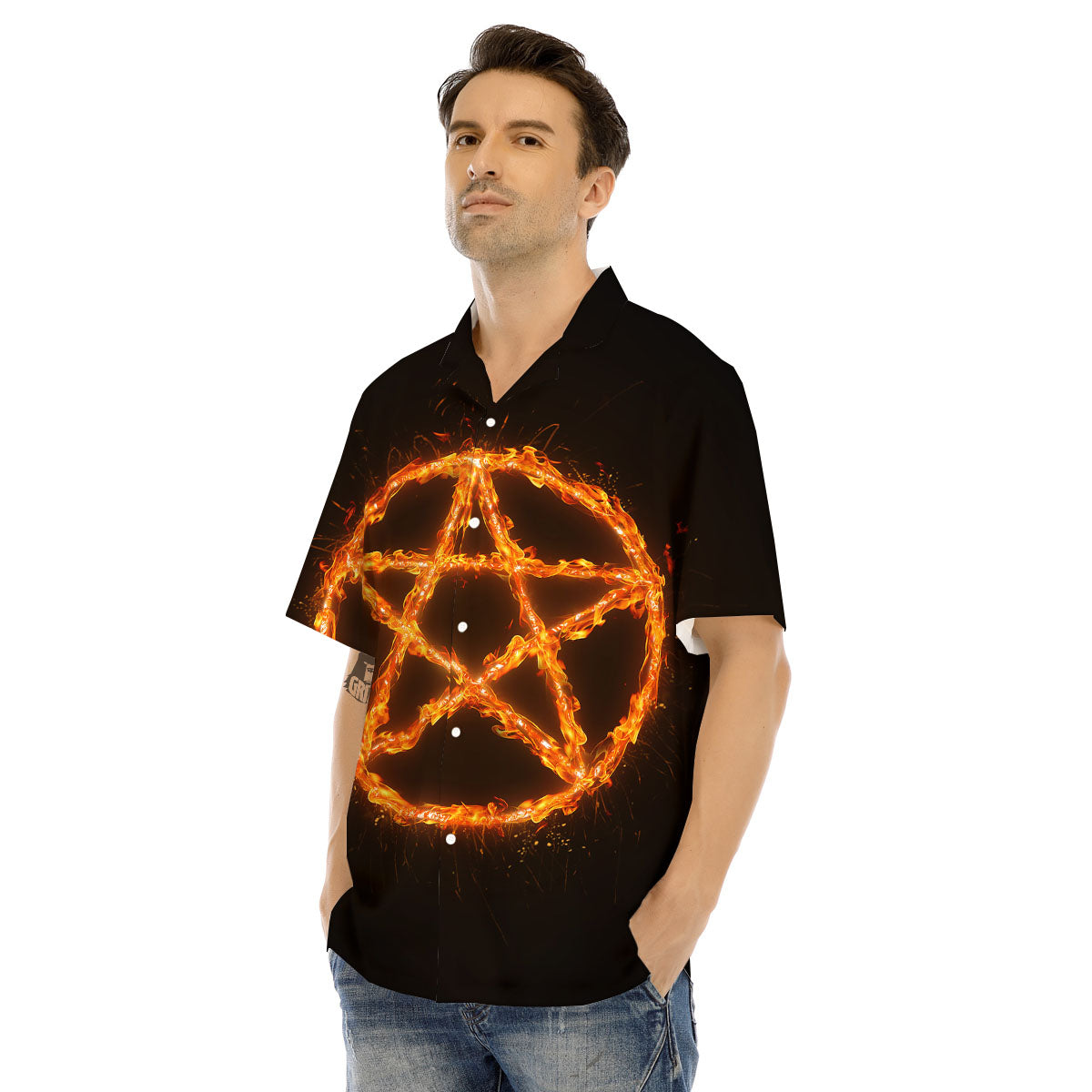 Pentagram Symbol Flaming Print Men's Hawaiian Shirt-grizzshop