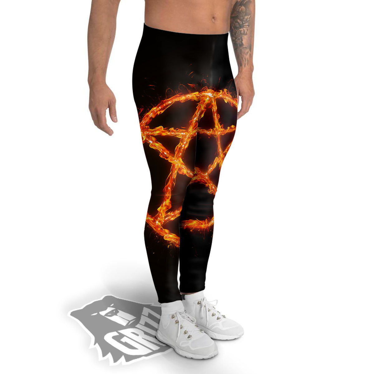 Pentagram Symbol Flaming Print Men's Leggings-grizzshop