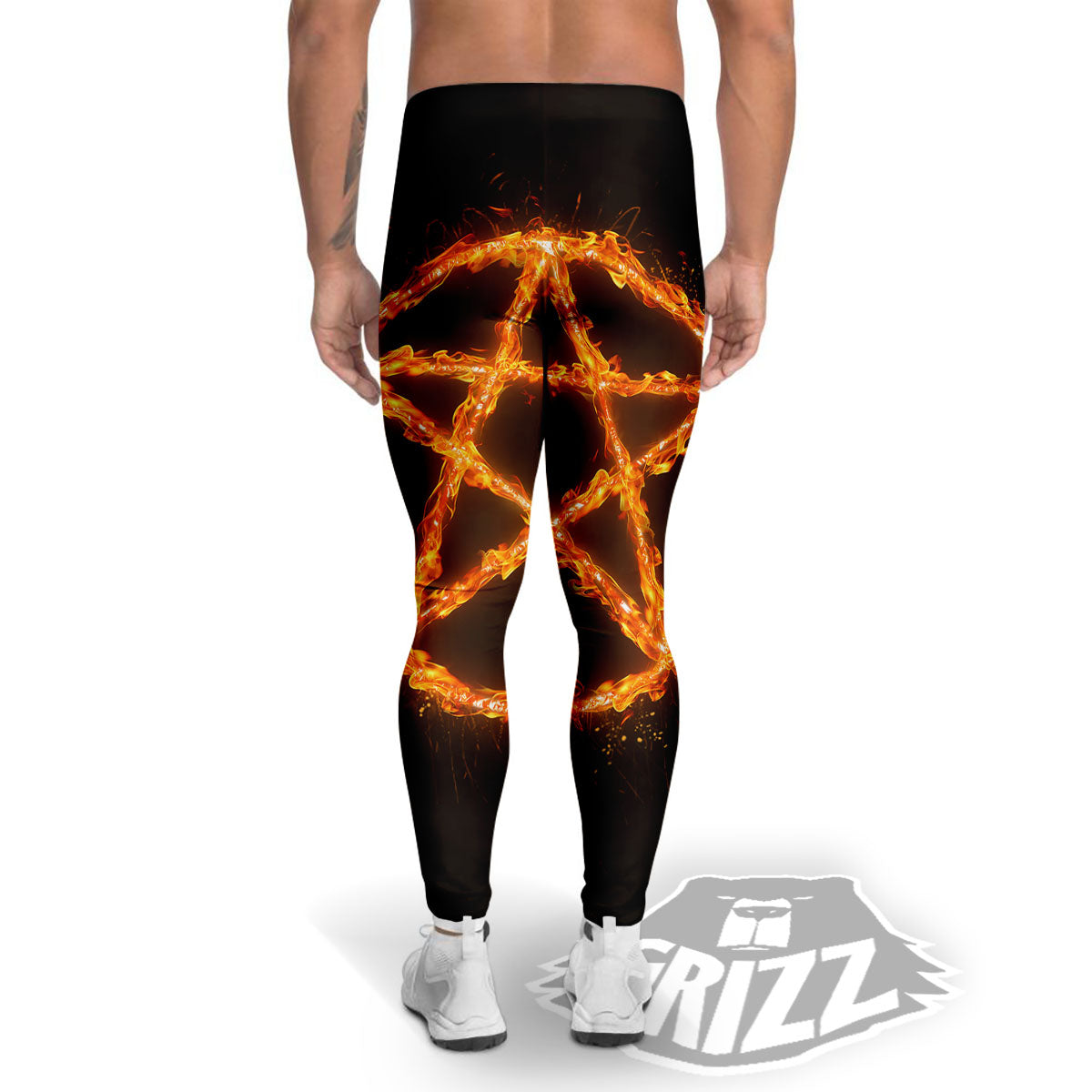 Pentagram Symbol Flaming Print Men's Leggings-grizzshop
