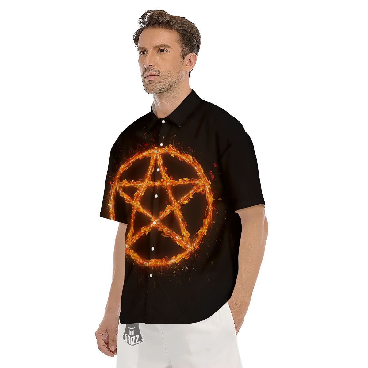 Pentagram Symbol Flaming Print Men's Short Sleeve Shirts-grizzshop