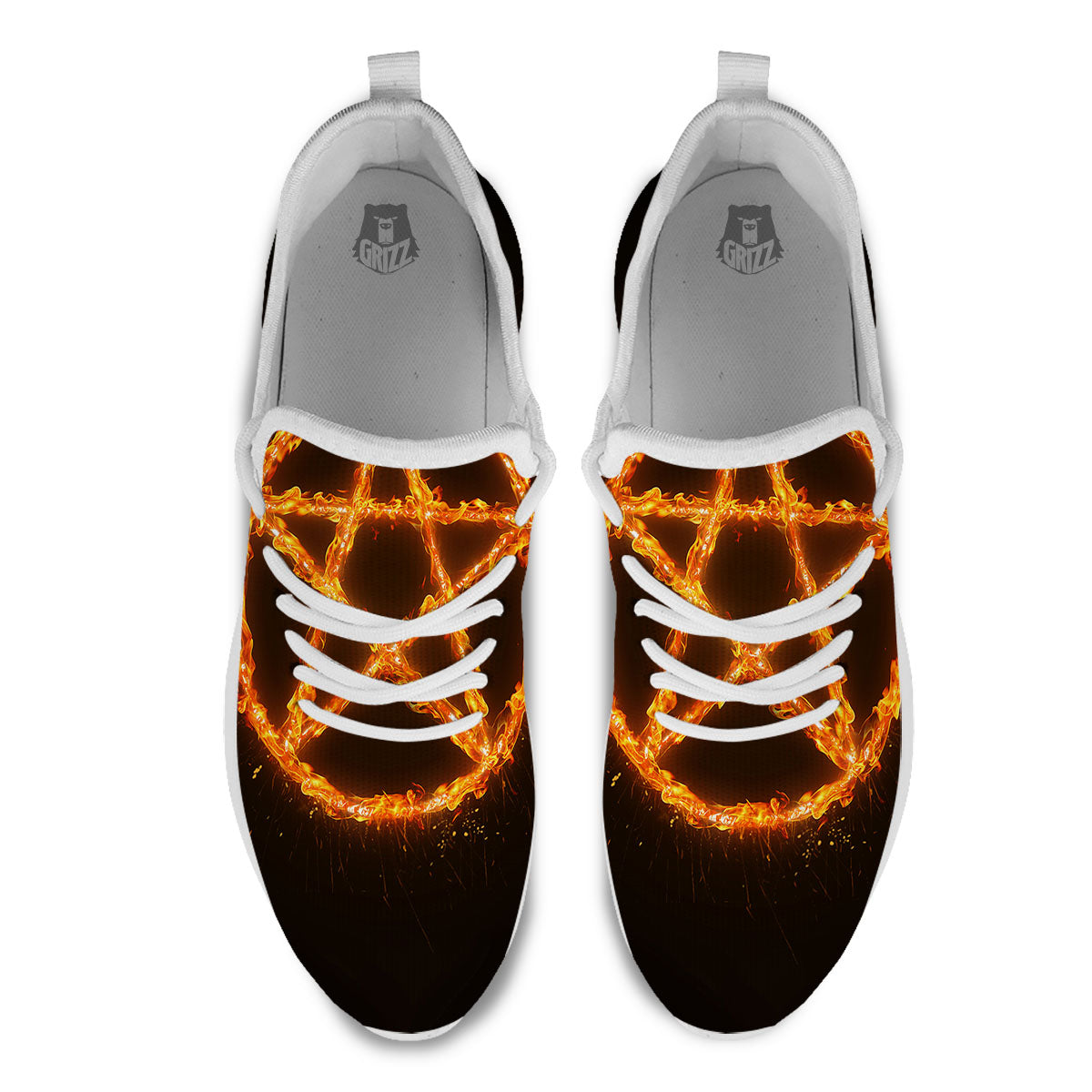 Pentagram Symbol Flaming Print White Athletic Shoes-grizzshop