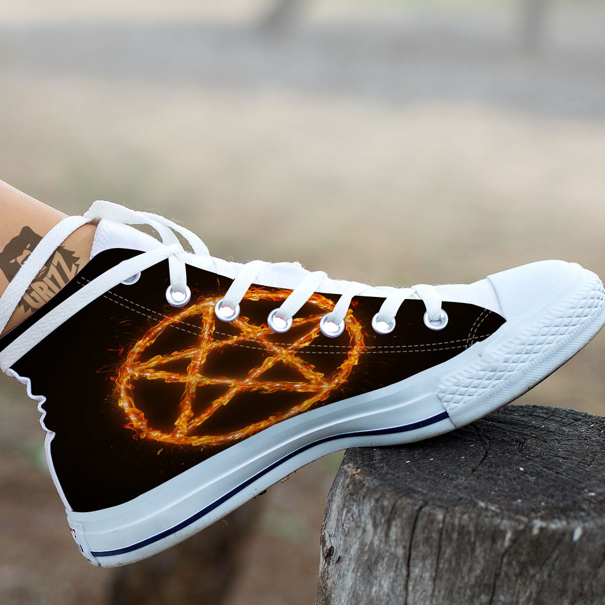 Pentagram Symbol Flaming Print White High Top Shoes-grizzshop