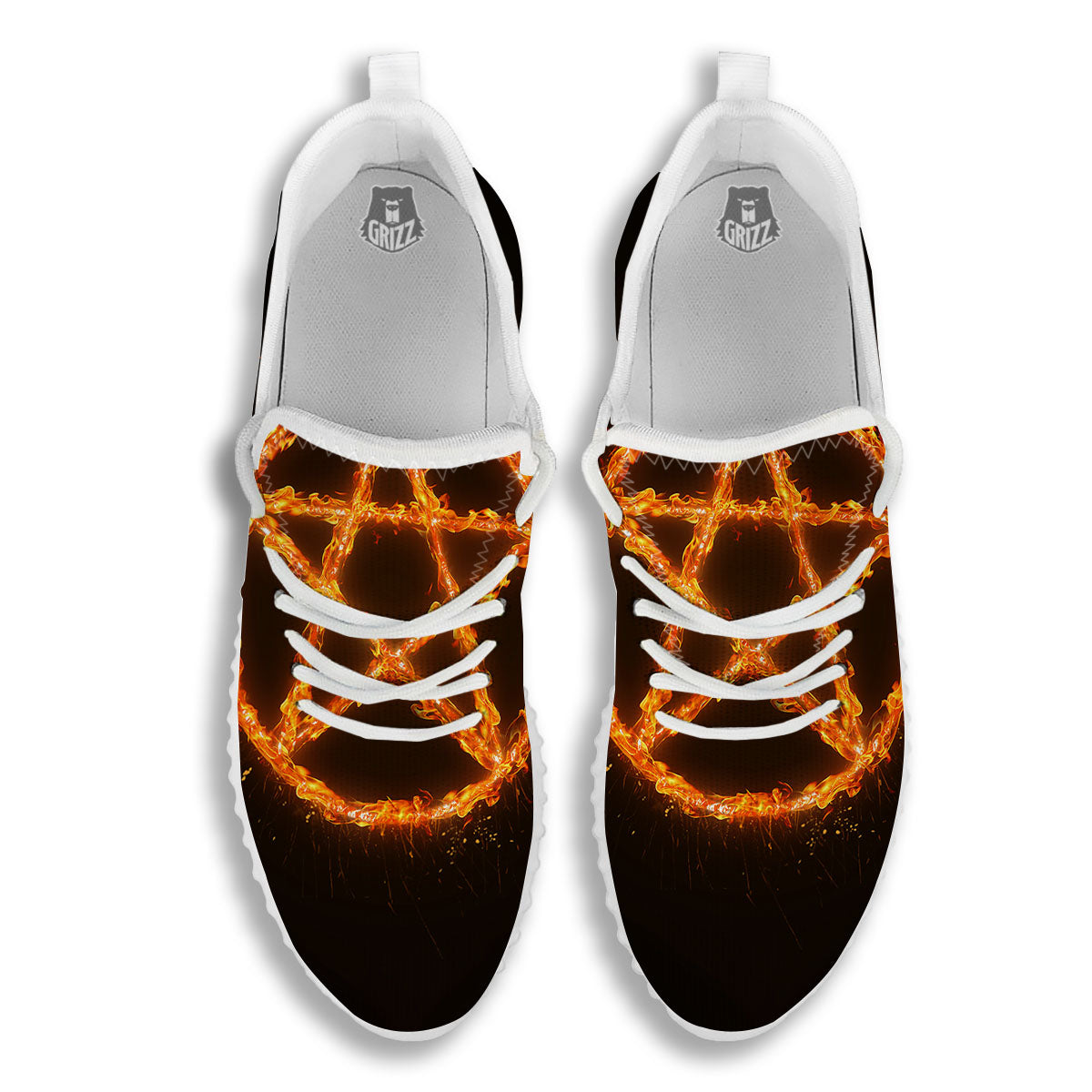 Pentagram Symbol Flaming Print White Walking Shoes-grizzshop