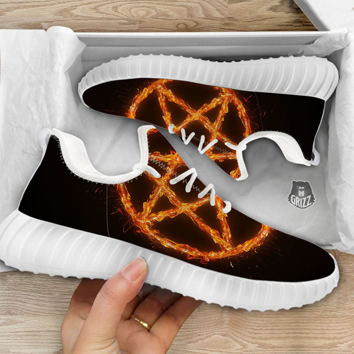 Pentagram Symbol Flaming Print White Walking Shoes-grizzshop