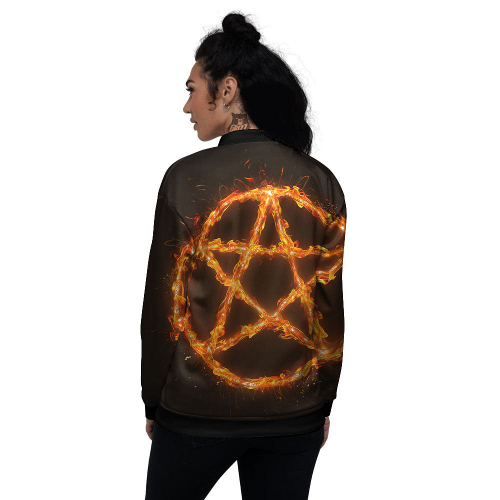 Pentagram Symbol Flaming Print Women's Bomber Jacket-grizzshop