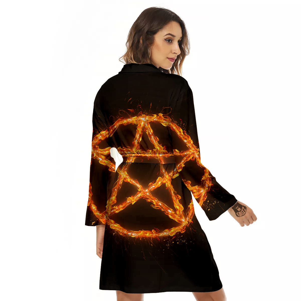 Pentagram Symbol Flaming Print Women's Robe-grizzshop
