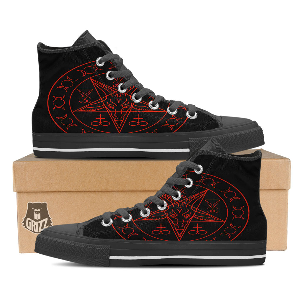 Pentagram Symbol Red Satanic Print Black High Top Shoes-grizzshop