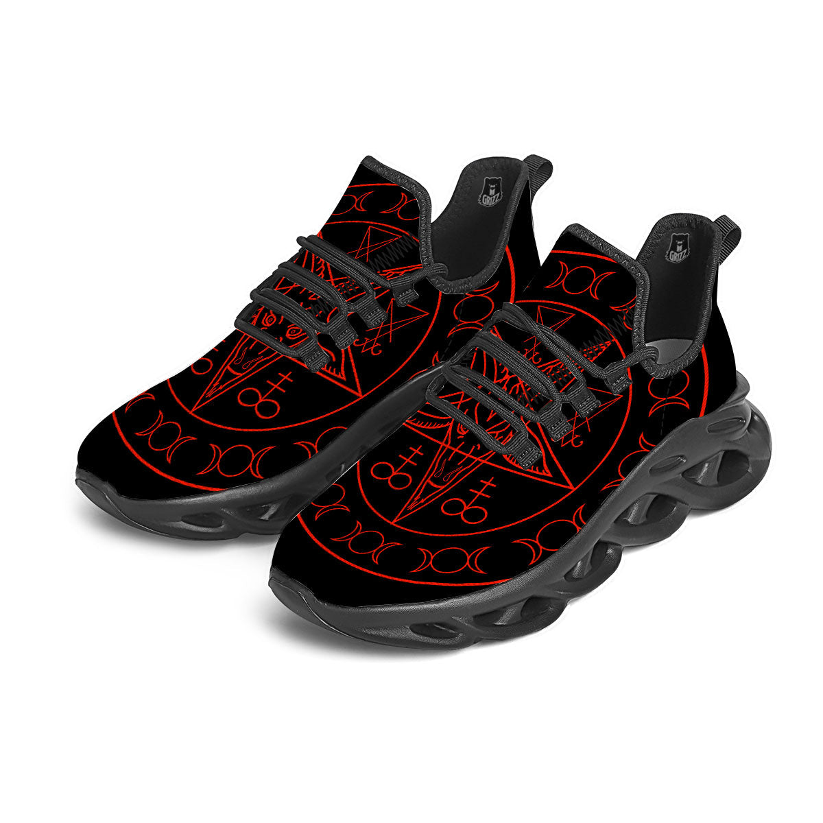 Pentagram Symbol Red Satanic Print Black Running Shoes-grizzshop