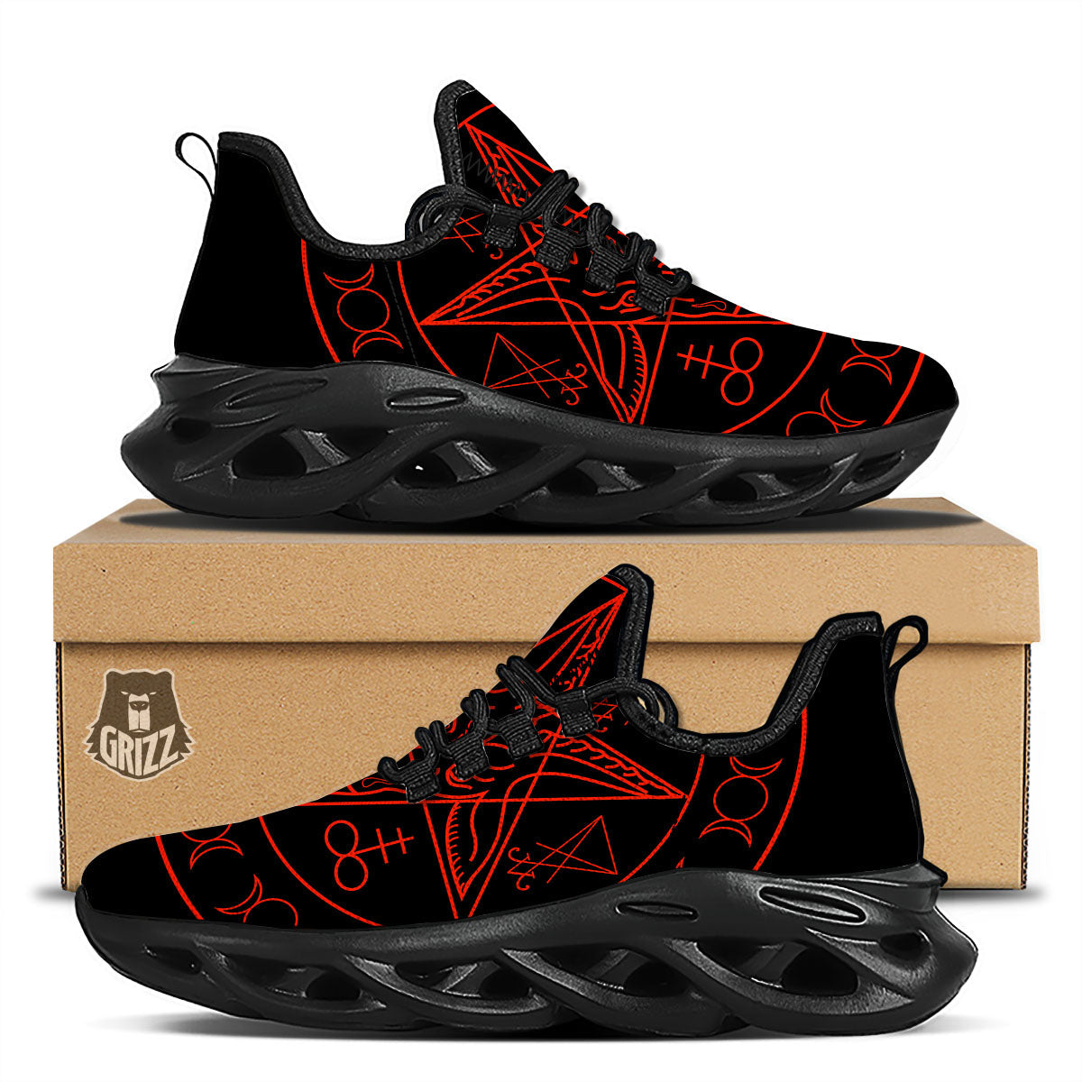 Pentagram Symbol Red Satanic Print Black Running Shoes-grizzshop