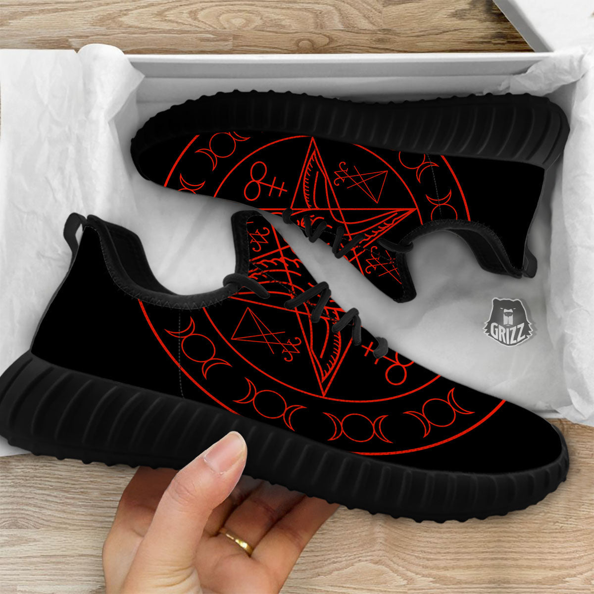 Pentagram Symbol Red Satanic Print Black Walking Shoes-grizzshop