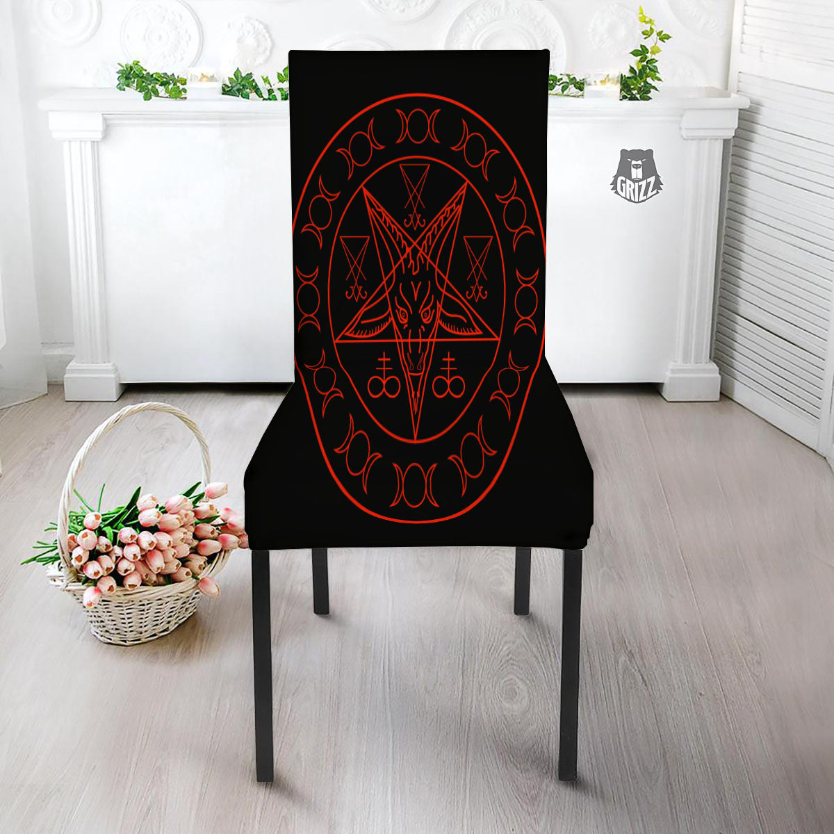 Pentagram Symbol Red Satanic Print Dining Chair Slipcover-grizzshop