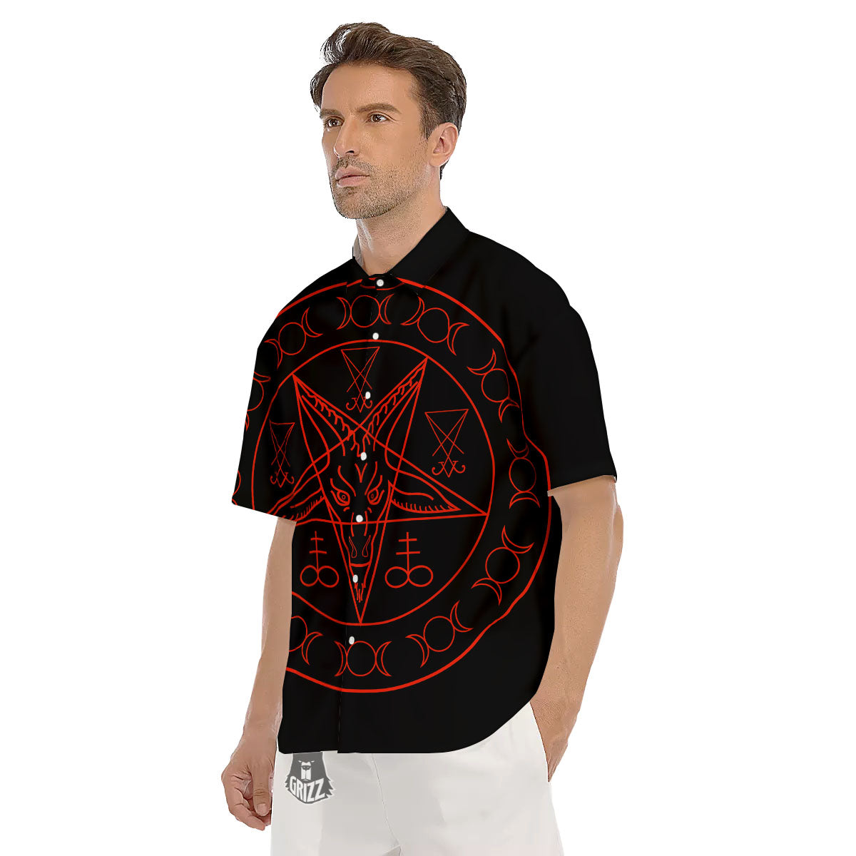 Pentagram Symbol Red Satanic Print Men's Short Sleeve Shirts-grizzshop