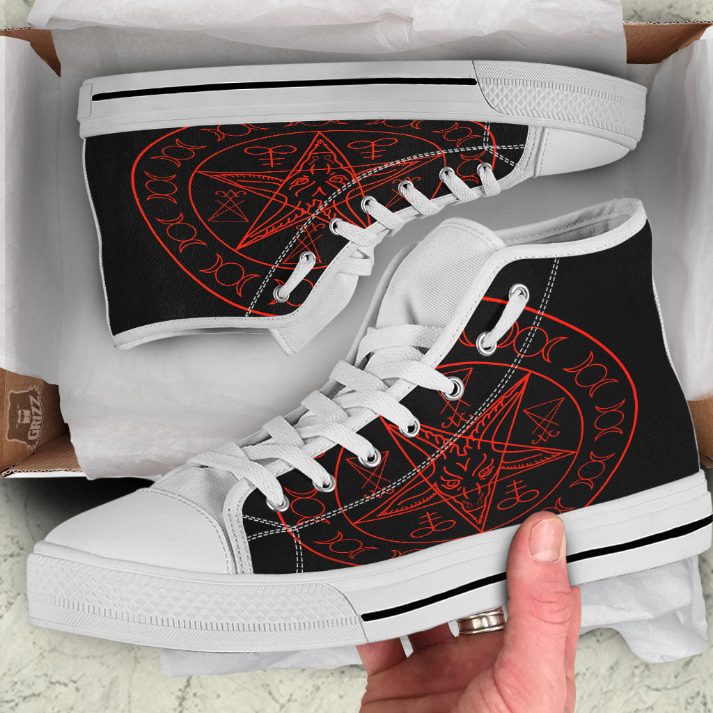 Pentagram Symbol Red Satanic Print White High Top Shoes-grizzshop