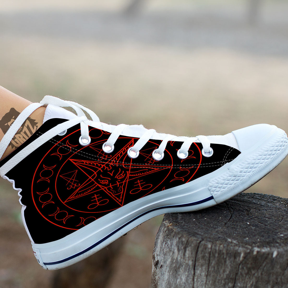 Pentagram Symbol Red Satanic Print White High Top Shoes-grizzshop