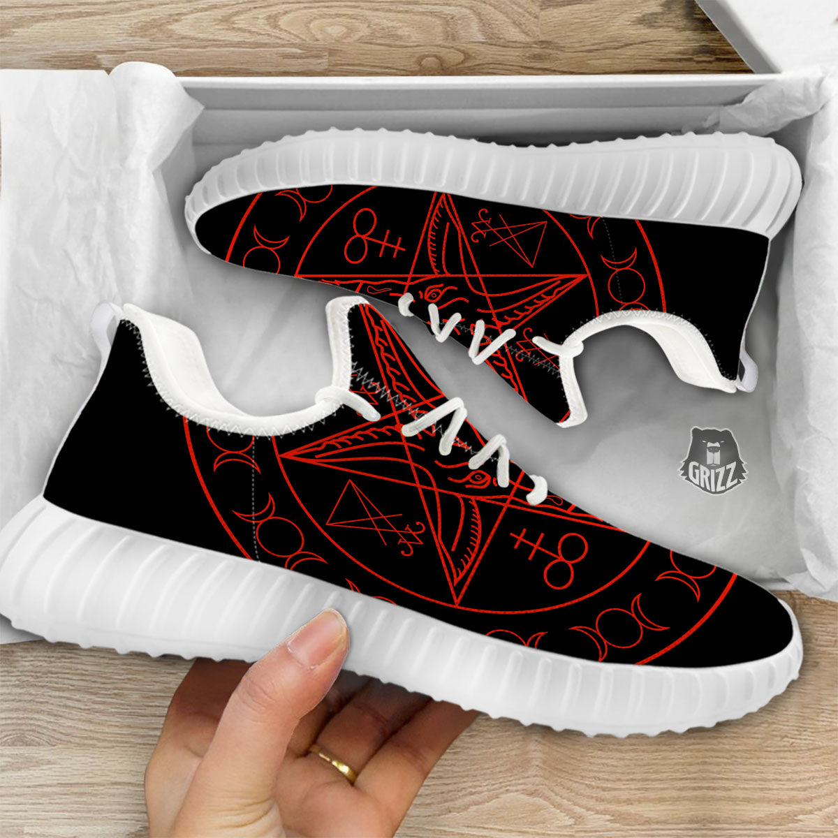 Pentagram Symbol Red Satanic Print White Walking Shoes-grizzshop