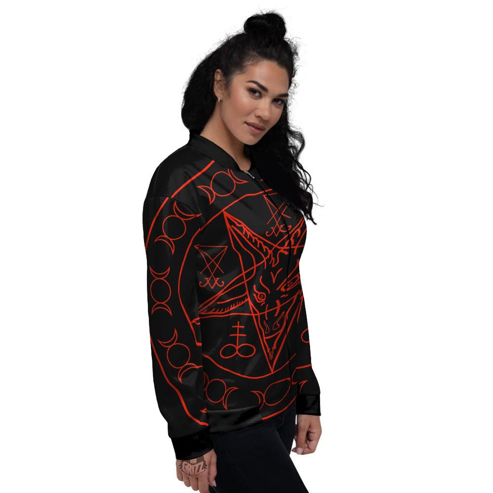 Pentagram Symbol Red Satanic Print Women's Bomber Jacket-grizzshop