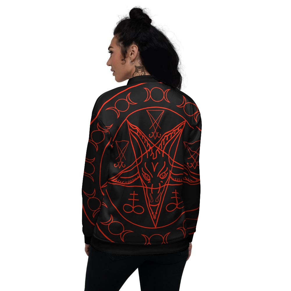 Pentagram Symbol Red Satanic Print Women's Bomber Jacket-grizzshop