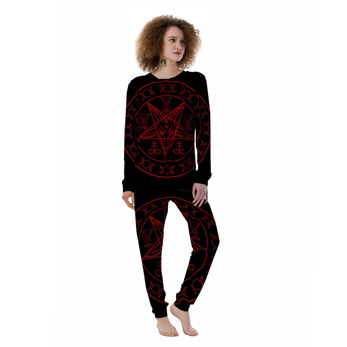 Pentagram Symbol Red Satanic Print Women's Pajamas-grizzshop