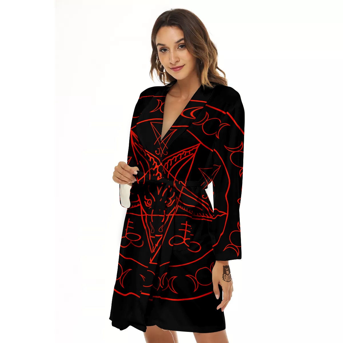 Pentagram Symbol Red Satanic Print Women's Robe-grizzshop
