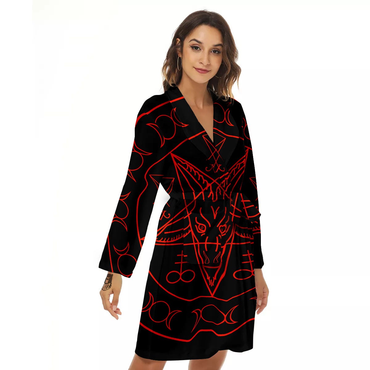 Pentagram Symbol Red Satanic Print Women's Robe-grizzshop