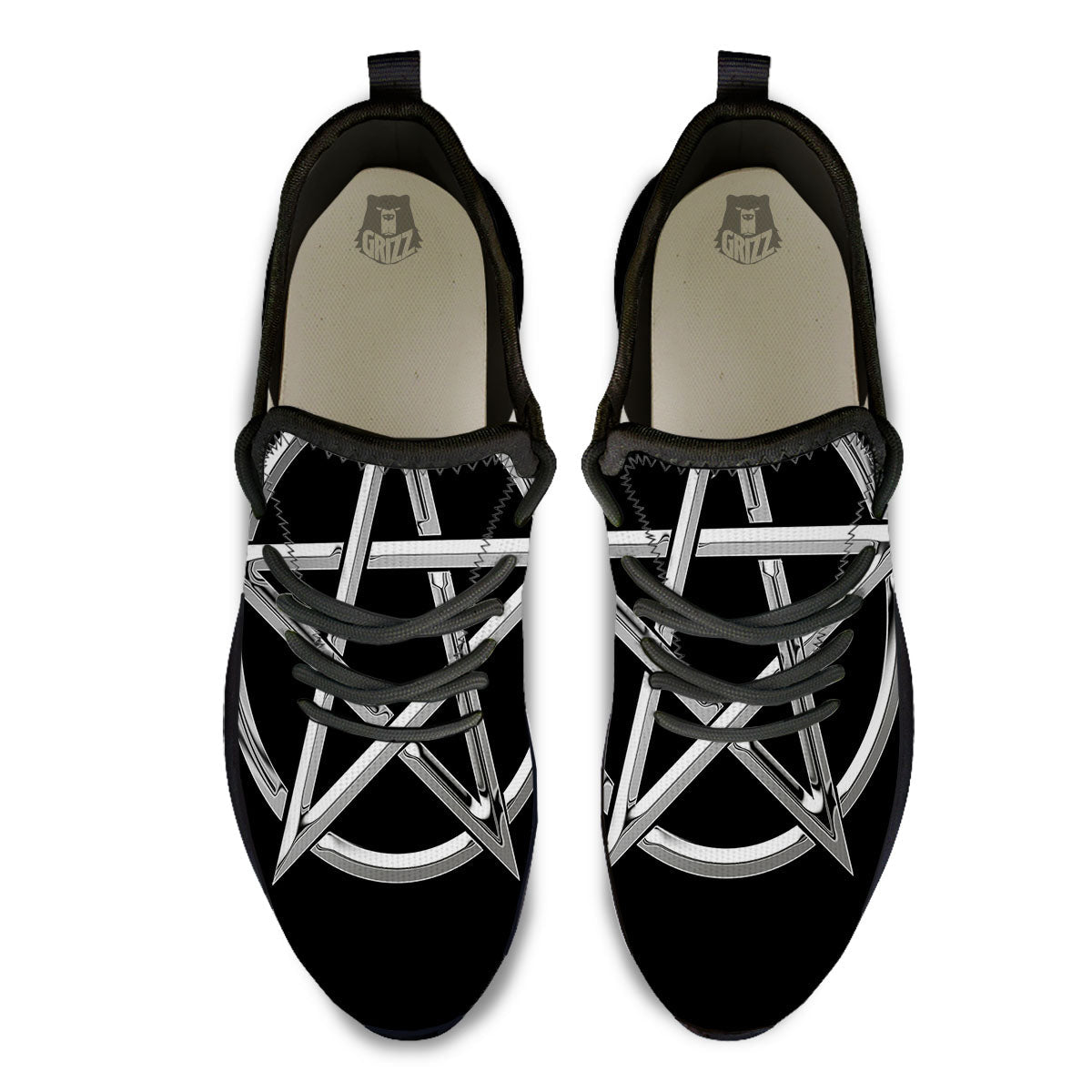 Pentagram Symbol White And Black Print Black Athletic Shoes-grizzshop