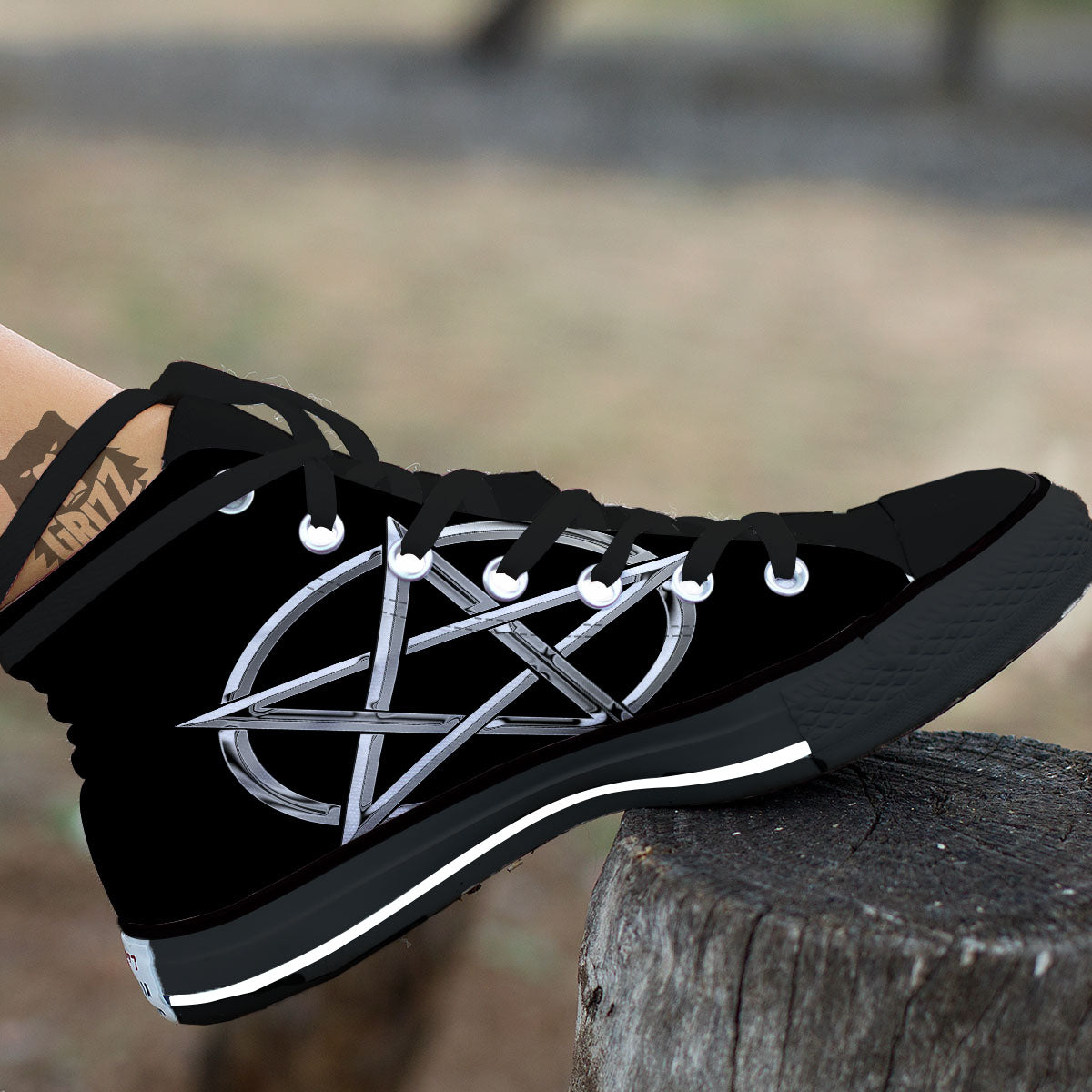 Pentagram Symbol White And Black Print Black High Top Shoes-grizzshop