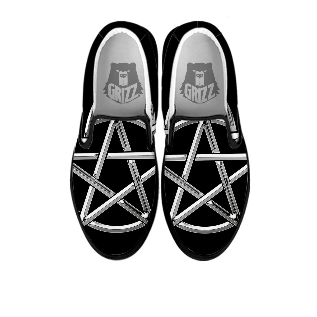 Pentagram Symbol White And Black Print Black Slip On Shoes-grizzshop