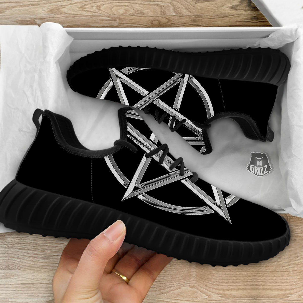 Pentagram Symbol White And Black Print Black Walking Shoes-grizzshop