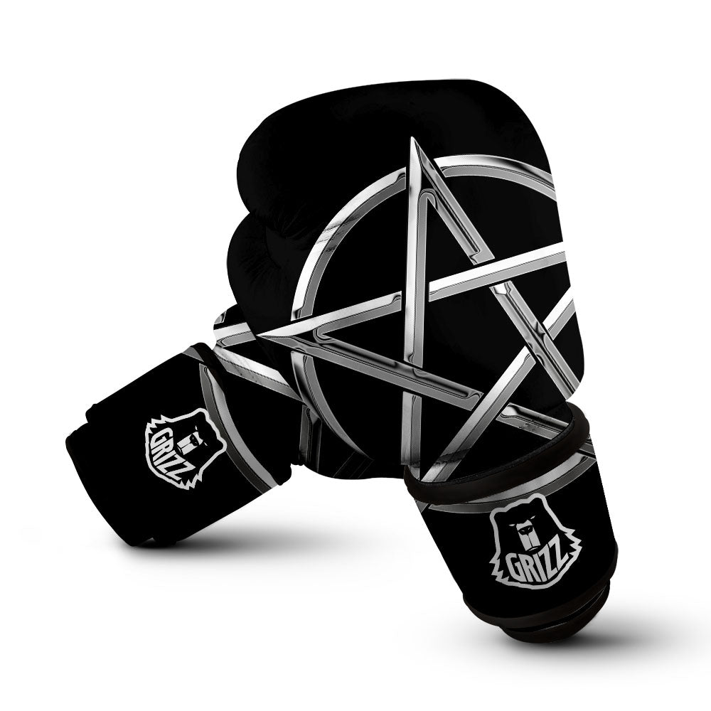 Pentagram Symbol White And Black Print Boxing Gloves-grizzshop