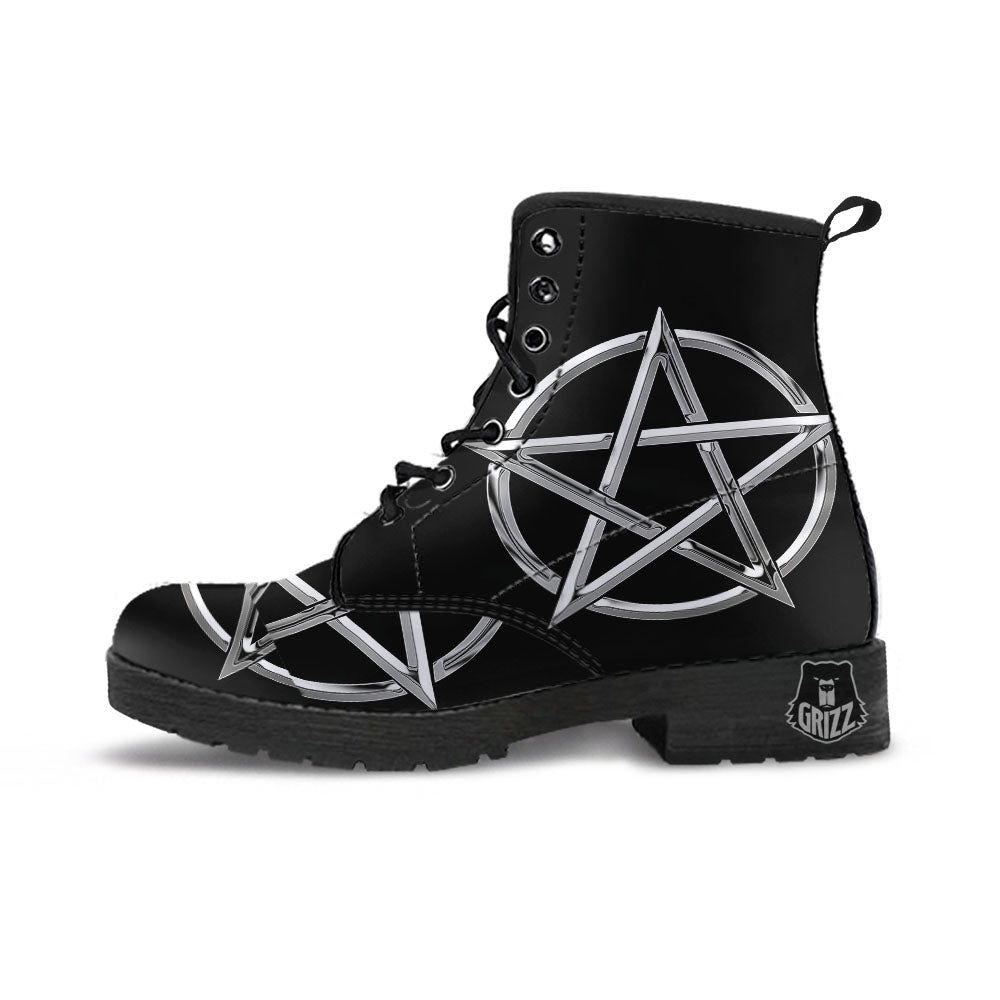 Pentagram Symbol White And Black Print Leather Boots-grizzshop
