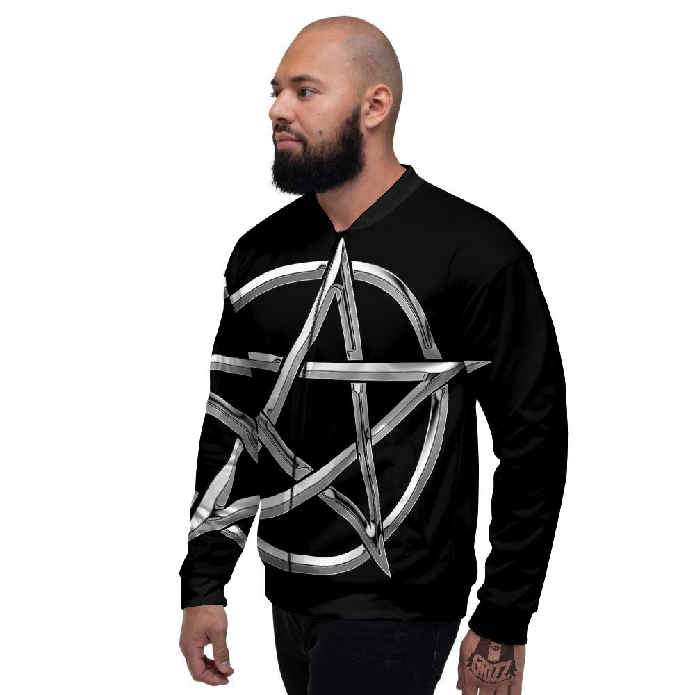 Pentagram Symbol White And Black Print Men's Bomber Jacket-grizzshop
