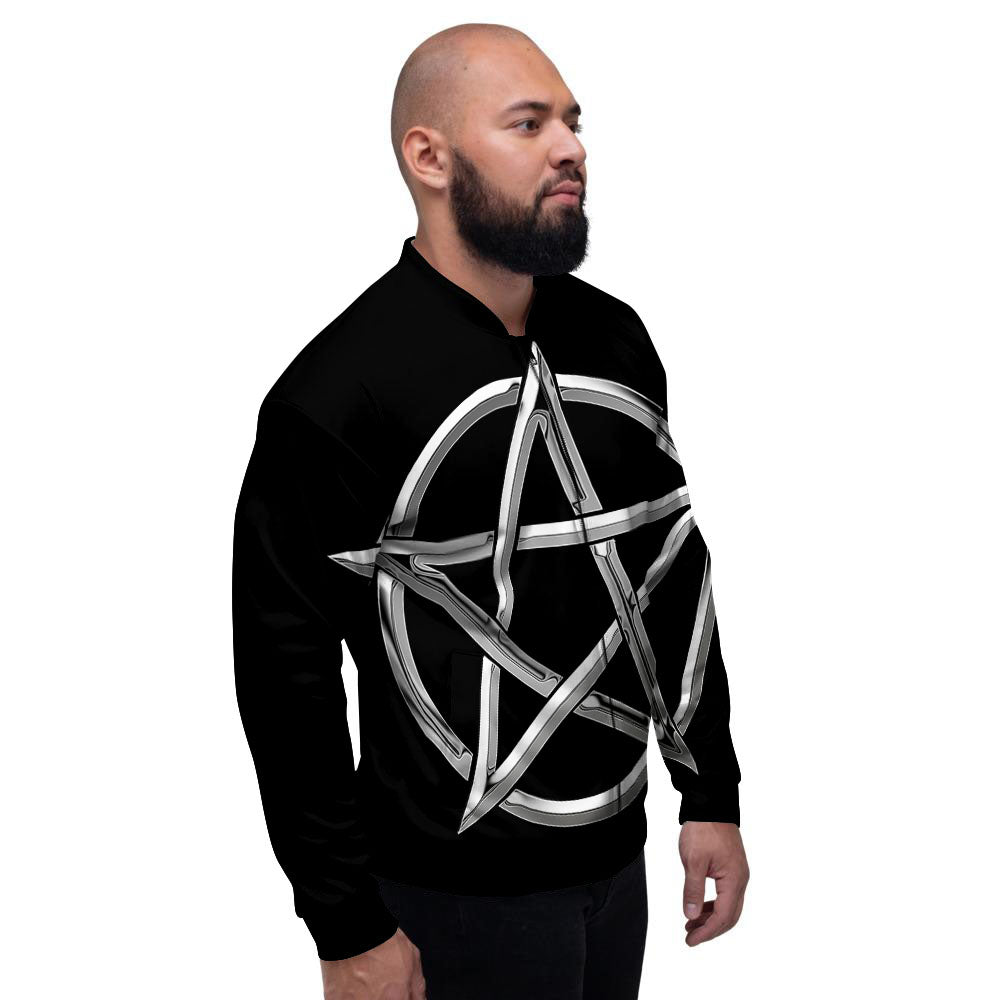Pentagram Symbol White And Black Print Men's Bomber Jacket-grizzshop