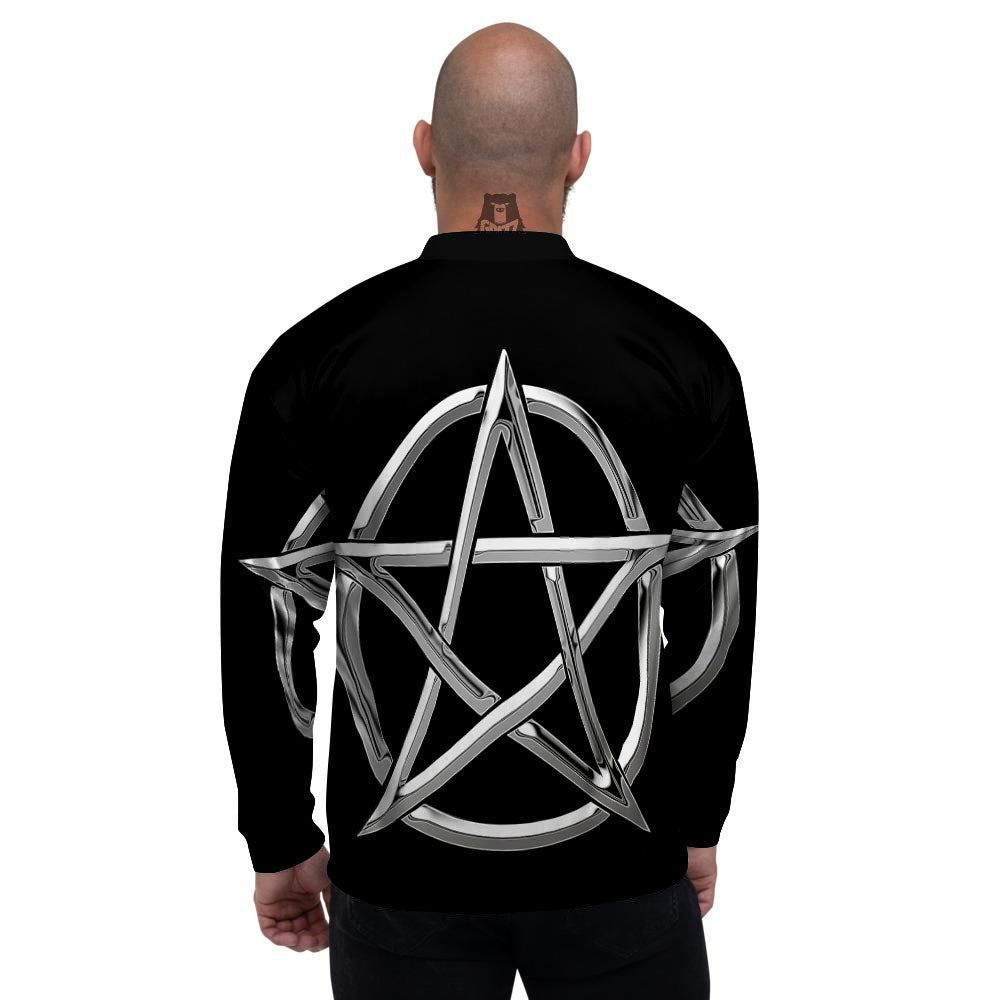 Pentagram Symbol White And Black Print Men's Bomber Jacket-grizzshop